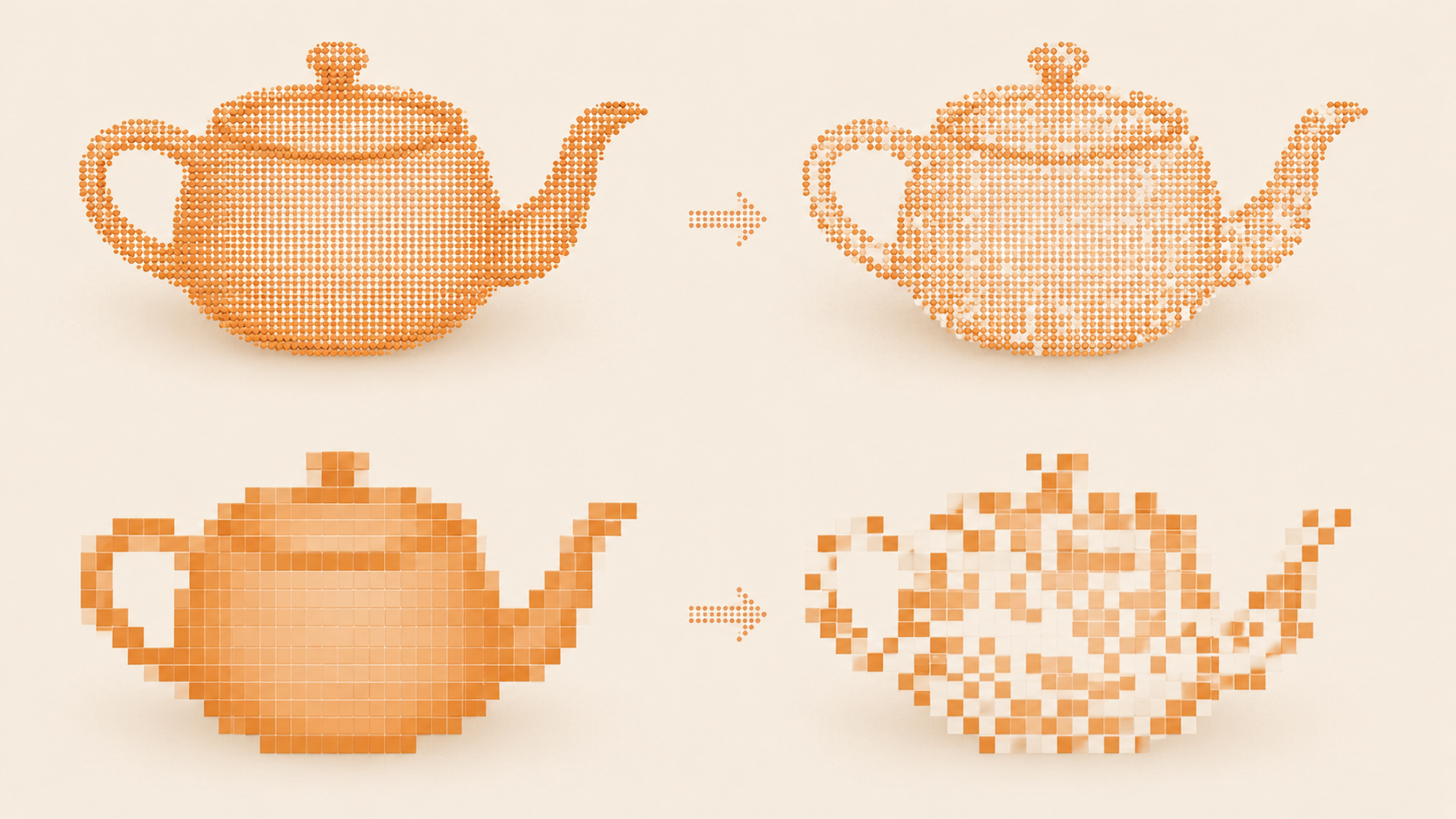 The same 20% of pixels damaged in a high-resolution teapot (top) and a low-resolution one (bottom). Only the high-resolution version is still clearly identifiable as a teapot afterwards.